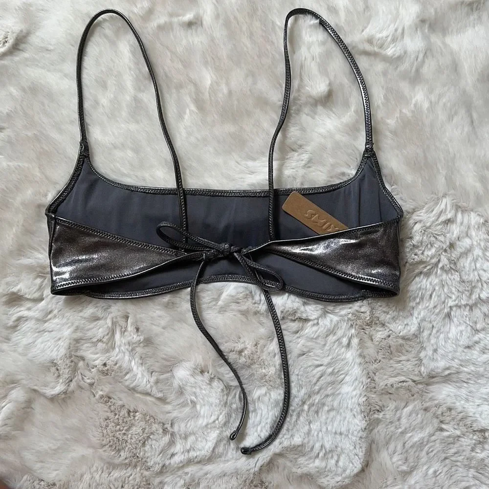 SKIMS Metallic Swim 2PC Set V-Waist Short & Micro Scoop Bikini Top Carbon Size M